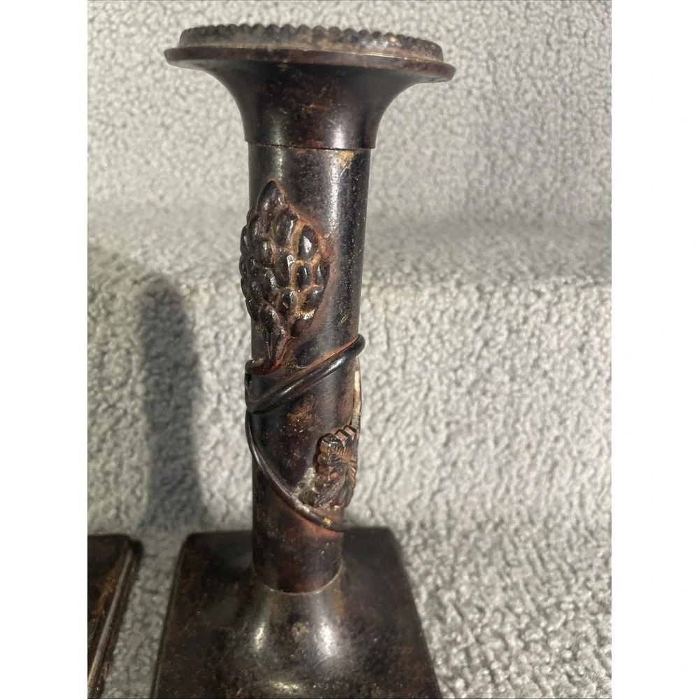 vintage Traditional Italian Bronze Grapevine Mantle Candlestick Holders - a Pair